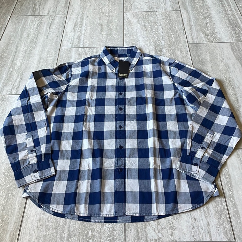 American Republic,L,Buffalo plaid,button up,long sleeves ,medieval blue,men’s